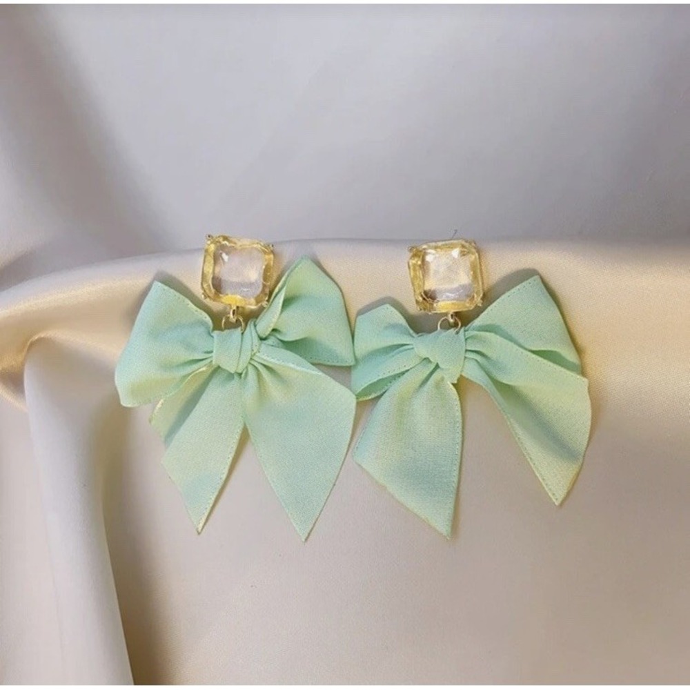 Green Bow Statement Dangle Earrings Faux Crystal Fine Jewelry Fashion Accesories